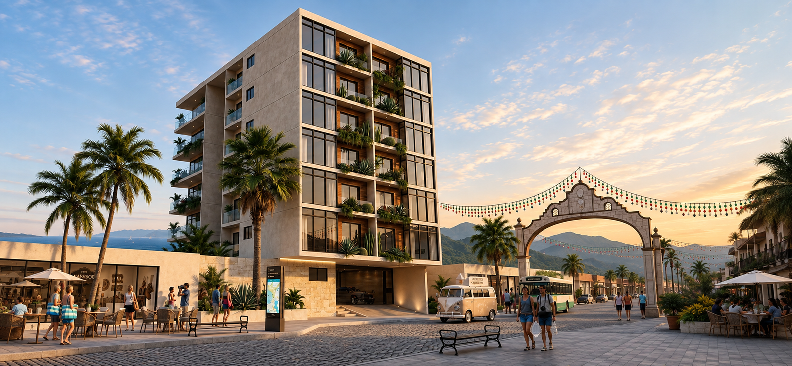 Propuesta vertical tropical integrada a una calle activa de Puerto Vallarta, Jalisco